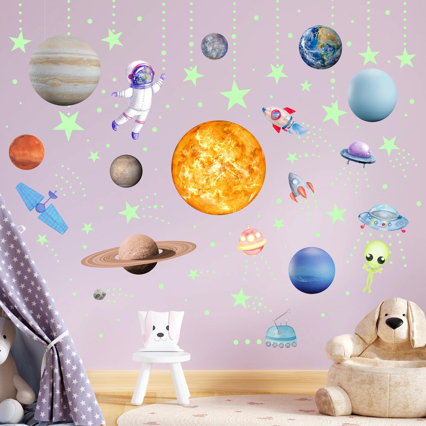 Glow in The Dark Stars Solar System Wall Decals, Star and Planets Stickers for Ceiling, Wall Sticker Decor for Kids Boys Room (Green)