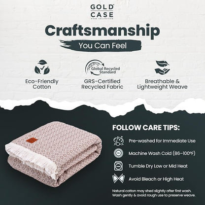 Gold Case Throw Blanket for Bed - 100% Recycled Turkish Cotton Blanket - Retro Lightweight Soft Throw Blankets for Bed & Living Room - Queen Size Cozy Blankets - 90x90 - Beige