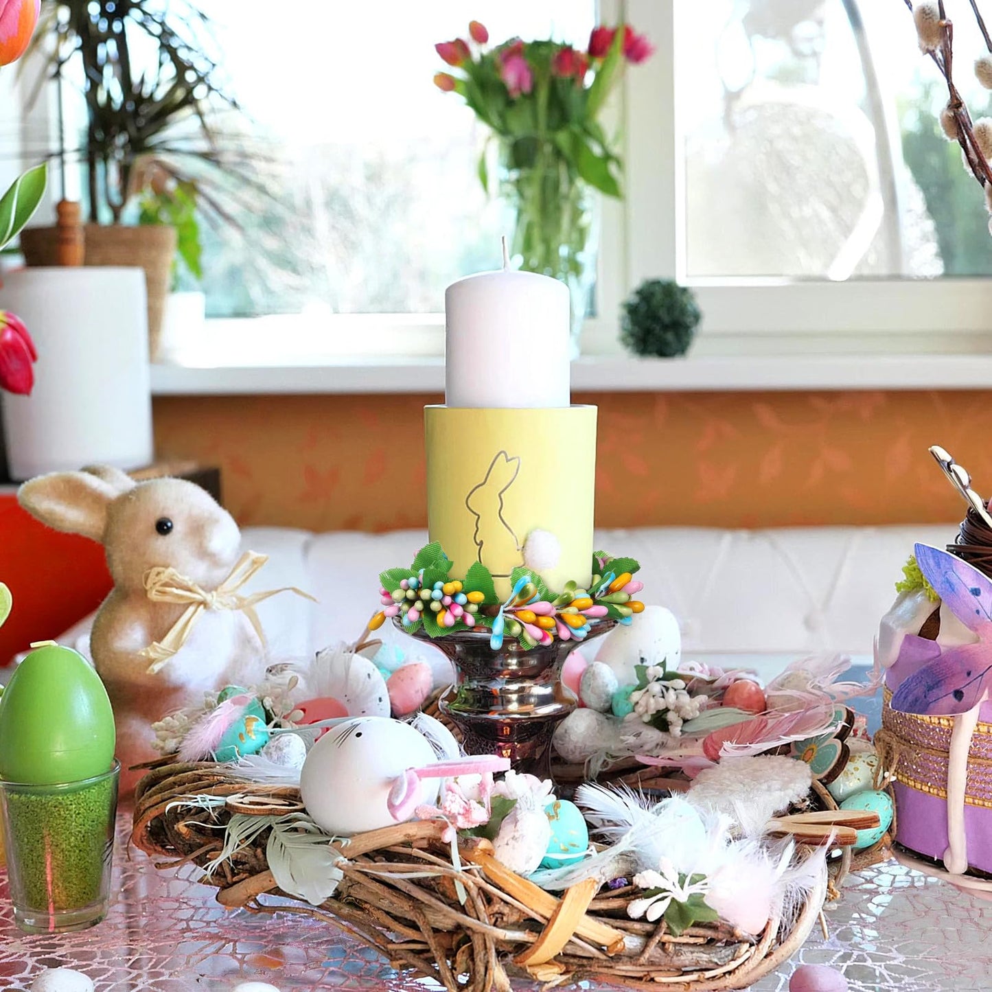 Yardwe 4 Pcs Easter Candle Rings Wreaths Artificial Spring Mini Pip Berry Wreath for Pillar Candles Rustic Farmhouse Table Centerpiece Kitchen Cabinet Decor Ring Holder
