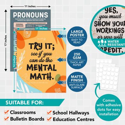 Decorably Parts of Speech Posters and Math Teacher Sayings Posters for Classroom