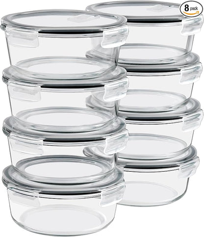 Sorbus Glass Meal Prep Containers Set, 8 Pack Round Borosilicate Glass Containers 32.7oz / 970ml, Airtight Vented Lids, Leakproof, BPA Free, Oven Microwave Freezer Dishwasher Safe, Stackable, 7x3 in