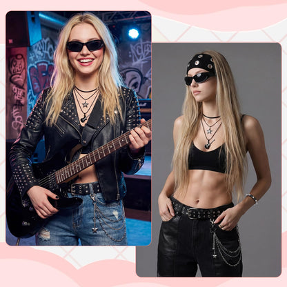 JATEBI 8 Pcs Gothic Punk Rock Accessories for Women, Y2K Accessories Set Black Studded Belt Bracelets Grommet Headband Punk Star Pants Chain Necklaces Earrings Sunglasses for Women
