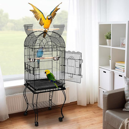 SUPER DEAL 64'' Rolling Bird Cage Large Wrought Iron Cage for Cockatiel Sun Conure Parakeet Finch Budgie Lovebird Canary Medium Pet House with Rolling Stand & Storage Shelf