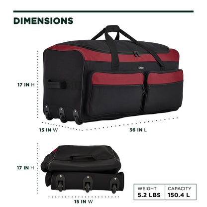 Travelers Club 36" Asgard 3-Wheel Rolling Duffel Bag ,Black and Red