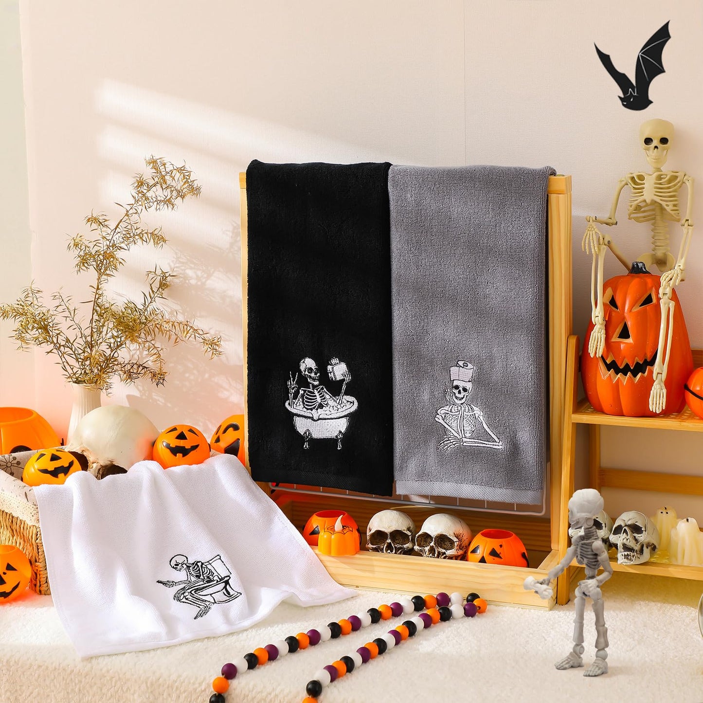 Breling 3 Pcs Halloween Skeleton Kitchen Hand Towels 13.3 x 29 Inch Towels for Bathroom Cotton Soft Embroidered Home Decoration 100% Cotton for Goth Kitchen Halloween Birthday Gifts