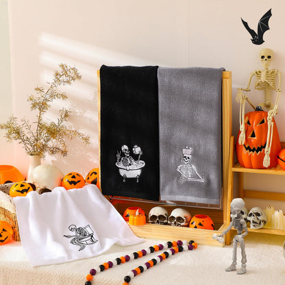 Breling 3 Pcs Halloween Skeleton Kitchen Hand Towels 13.3 x 29 Inch Towels for Bathroom Cotton Soft Embroidered Home Decoration 100% Cotton for Goth Kitchen Halloween Birthday Gifts