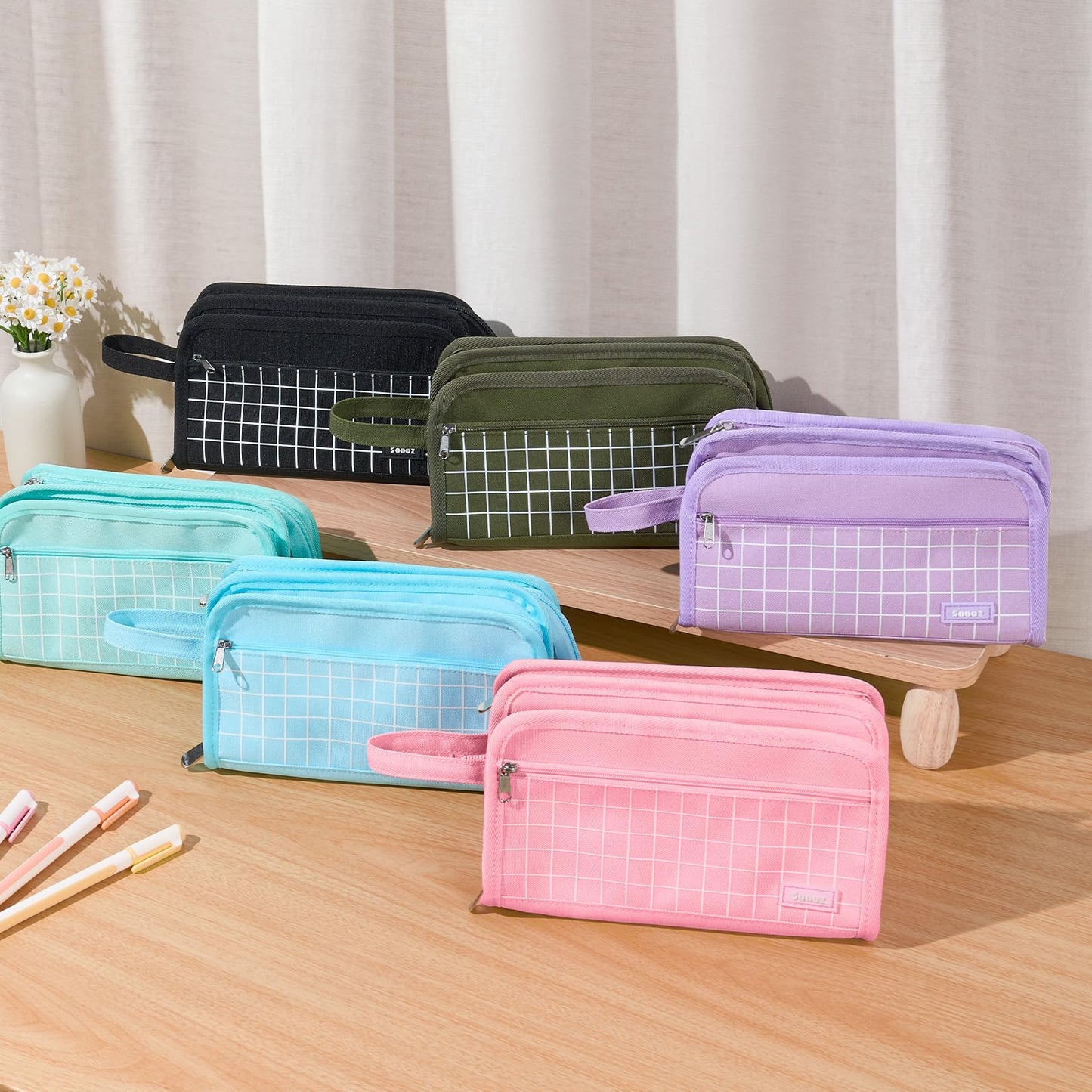 Sooez Large Pencil Case, Big Capacity Pencil Pouch Pen Bag with 3 Compartment, Portable Canvas Stationery Organizer with Zipper, Cute Aesthetic School Supplies for Teen Girls, Army Green with Plaid