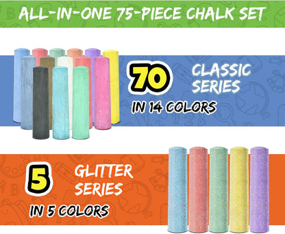75 PCS Sidewalk Chalk for Kids - 14 Colors, 5 Glitter, Non-Toxic Washable Jumbo Chalks - Bulk Set of Outdoor Paint for Kids and Toddlers - Chalkboard Toys - Big Bucket Chalk for Party