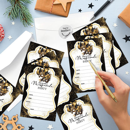 Cusrtyh Black Gold Mask Masquerade Ball Personalized Party Shaped Fill-In Invitations card 15 Sheets with Envelopes, Masquerade Party Invites, Masquerade Mask Invitations Cards Mardi Gras Supplies