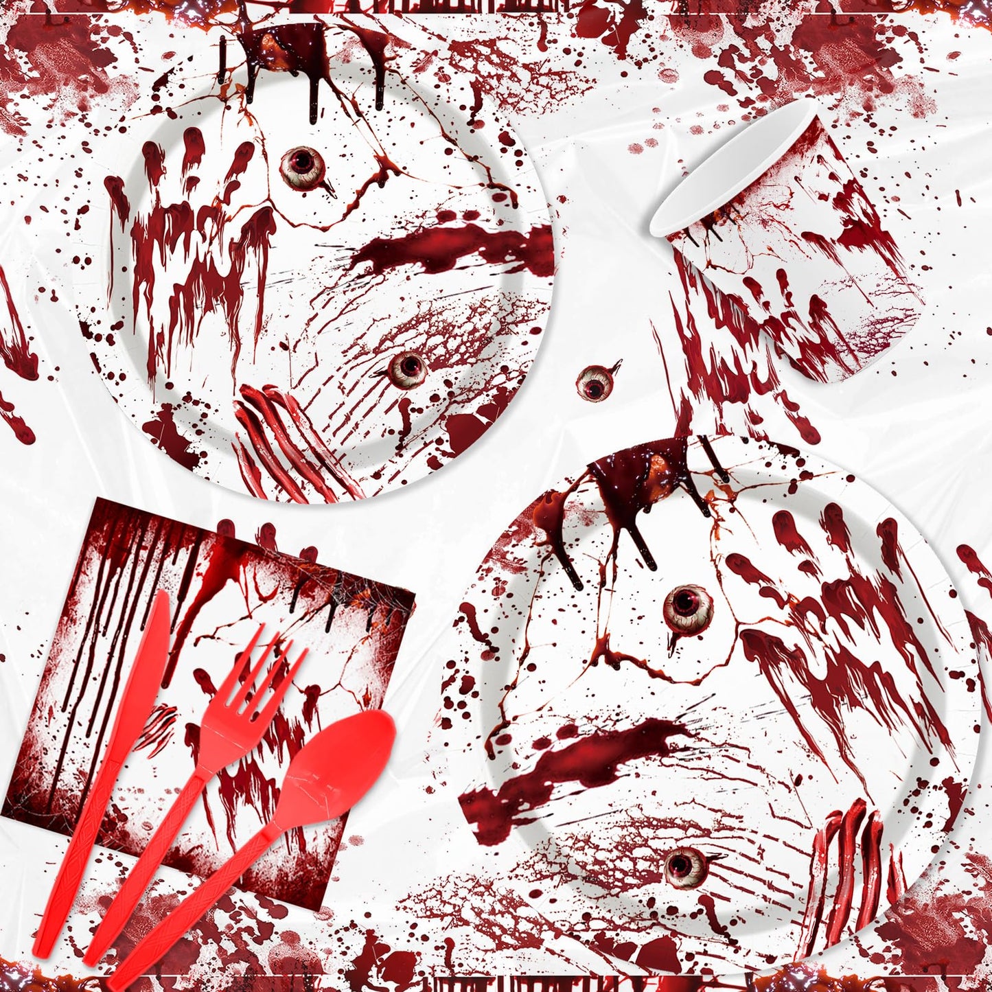 MEHOFOND Killer Birthday Decoration, 194PCS Halloween Scream Party Tableware Decorations Include Have a Killer Banner Bloody Hand Print Plates Napkins Tablecloth for Horror Themed Birthday Supplies