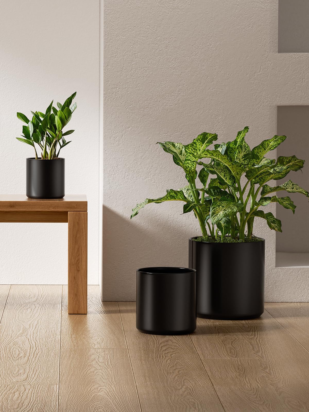 LE TAUCI Ceramic Pots for Plants, 10/8/6 Inch Indoor Planters with Draiange Hole, Silicone Plug & Mesh Pad, Modern Minimalist Pots for Home Office, Set of 3, Satin, Black