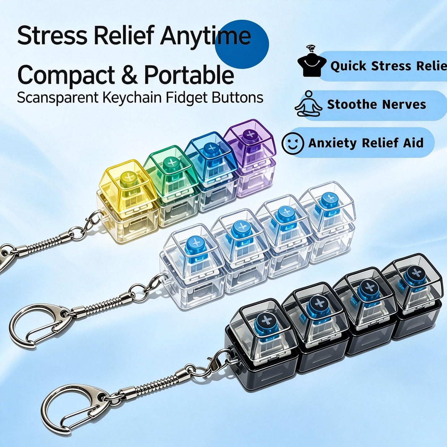 3 PCS Keyboard Fidget Toy, Keyboard Fidget Keychain 4-in-1 Keyboard Decompression Button Finger Clicker Toys, Boost Focus & Calm Anxiety at Work, Travel – Ideal Stress-Relief Gift（No Lights）