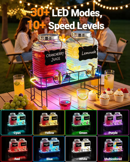 PAROTO Glass Drink Dispensers for Parties, 2 Pack 1 Gallon Each Beverage Dispenser with Stand and LED Strip Light, Juice Lemonade Water Dispenser with Spigot for Wedding, Bar, Picnic, BBQ, Buffet