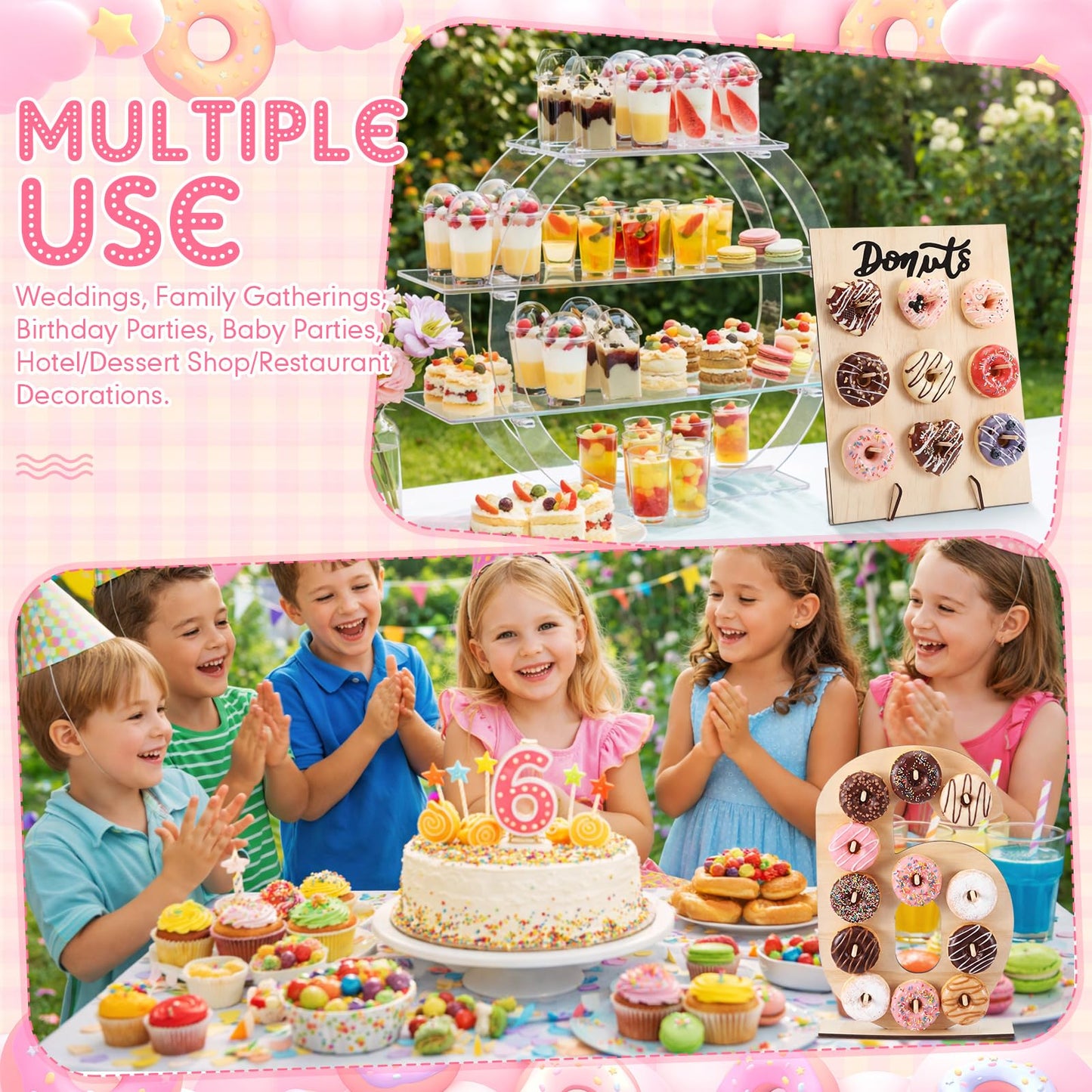 Lallisa 12 Pcs Wooden Donut Stand Set Number 6 Donut Display Stand 1 Doughnut Wall Display 4 Mini Charcuterie Boards 6 Doughnut Holder Tower for Dessert Table Birthday Wedding Baby Shower Party Deocr