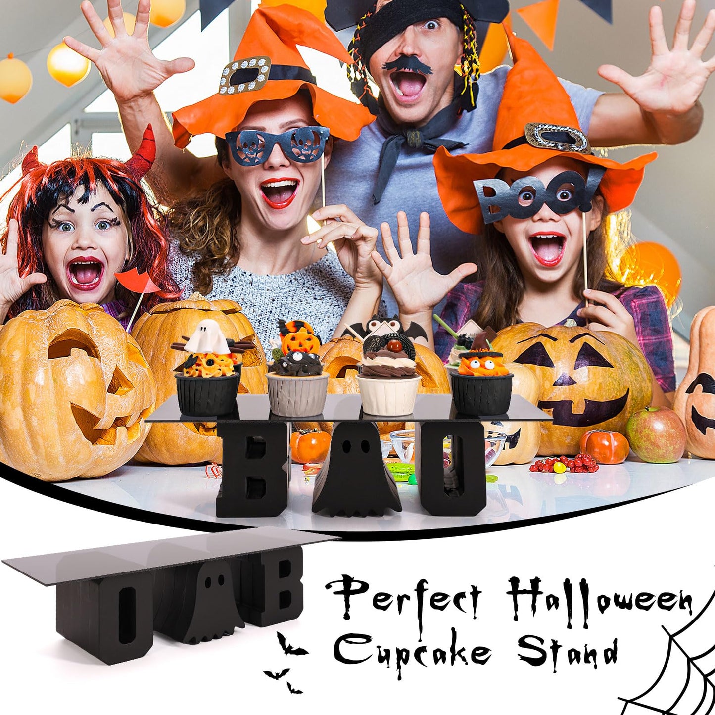 Whaline Halloween Ghost Cupcake Stand Black Ghost Boo Acrylic 6.3 x 15.7 Inch Clear Dessert Display Holder Tray for Holiday Birthday Trick or Treat Party Decoration