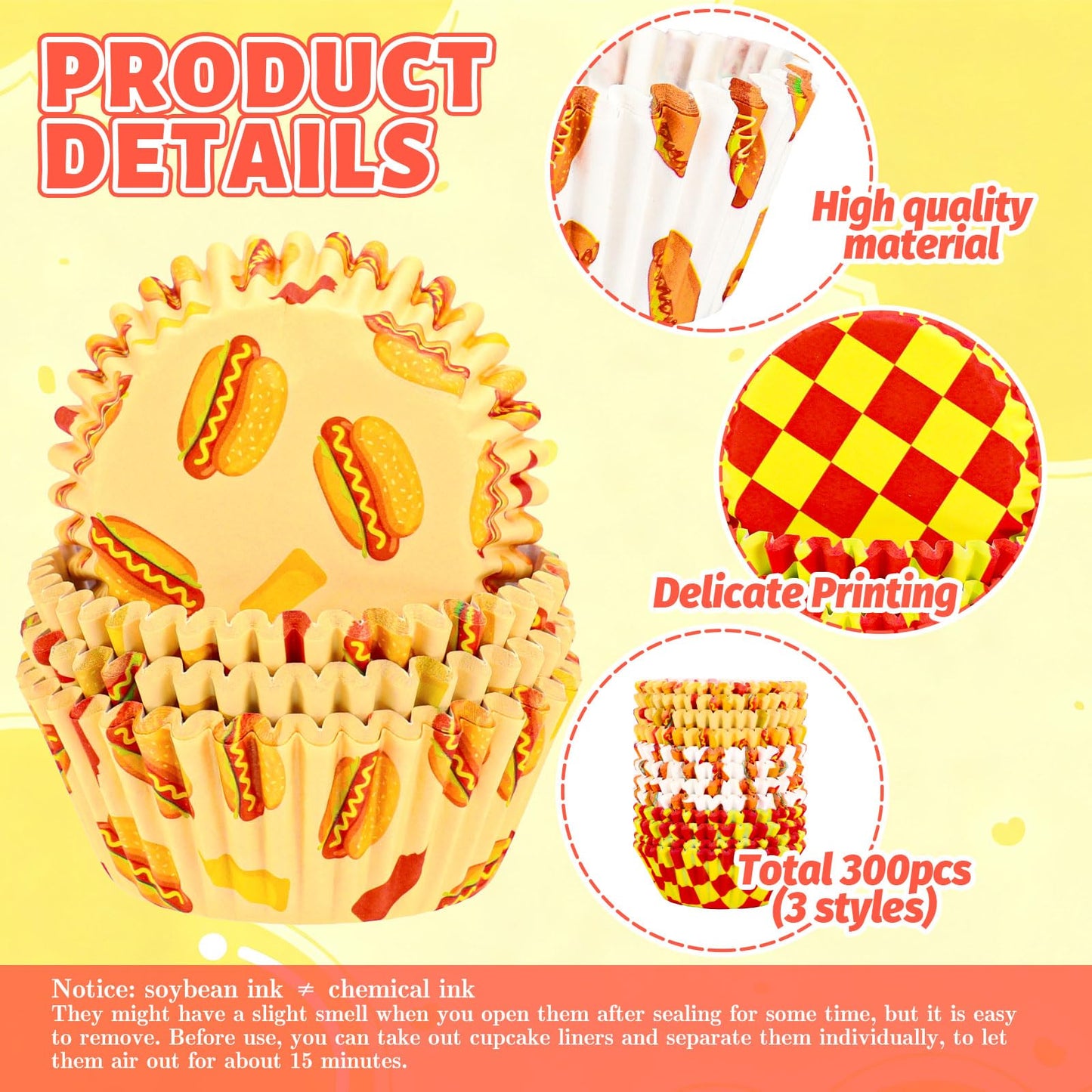 FYSUIMU 300Pcs Hotdog Cupcake Liners Hot Dog Day Baking Cups Standard Muffin Cupcake Wrappers for Summer Holiday Birthday Theme Party Supplies
