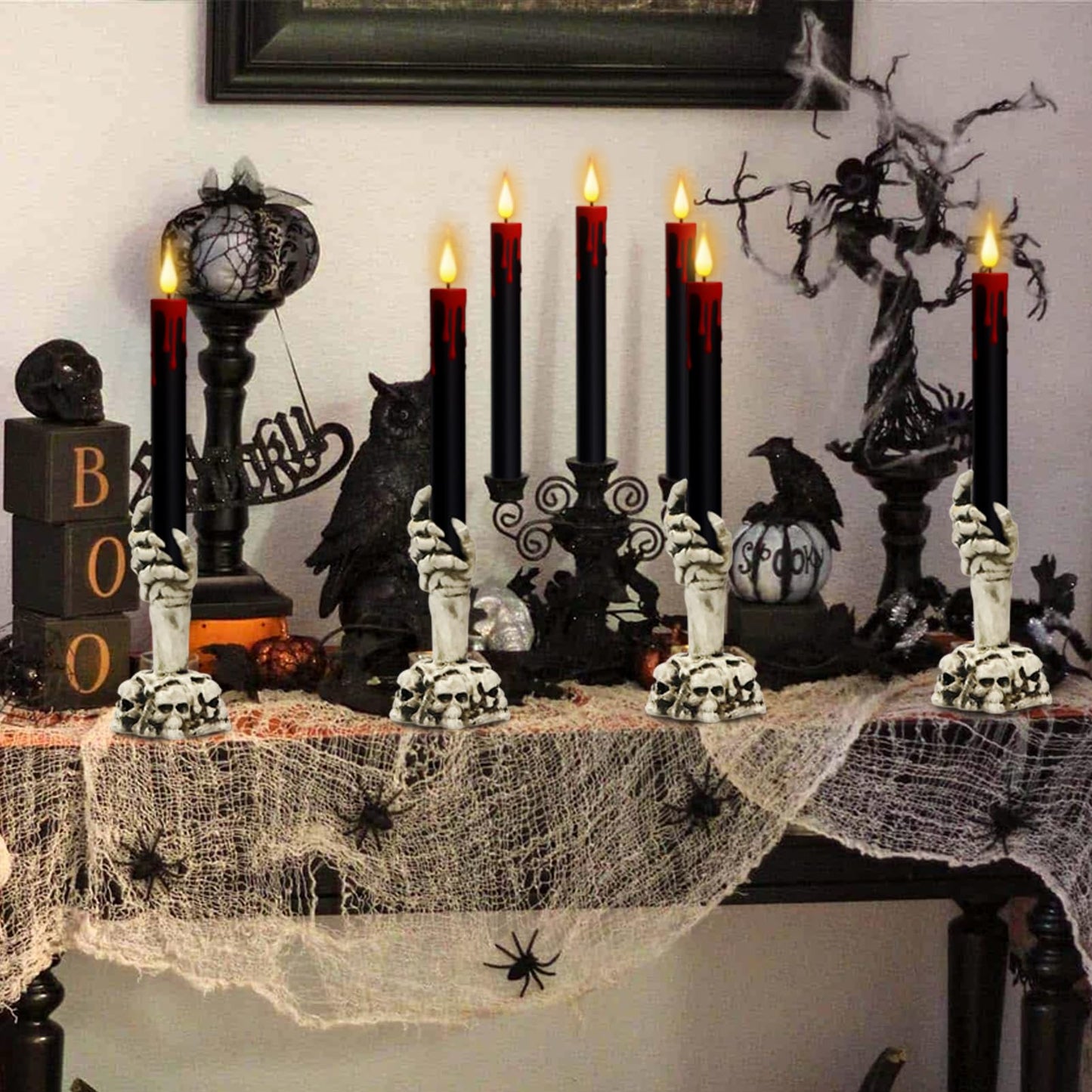 DRomance Black Flameless Taper Candles Battery Operated with Remote and Timer, Blood Dripping Wax LED Flickering Candles Skeleton Hand Holders Dinner Table Halloween Decor Lights(2 Pack, 3” x 12”)