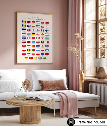 Poster Master Flags of Europe Poster - European Countries & Capitals Print - Learning Materials Art - Gift for Student & Teacher - Wall Decor for School, Classroom or Library - 8x10 UNFRAMED Wall Art
