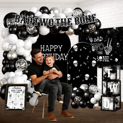 cocomigo Bad Two the Bone Party Decorations Boy for 25 Guests, 292PCS Cute Skeleton-Themed Black White All-in-One 2nd Birthday Decorations, with Balloon Arch Plates Banner Cake Topper & Centerpieces