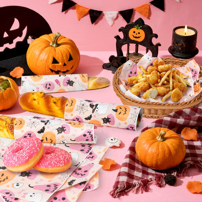 GROBRO7 Halloween Wax Paper Sheets - 150Pcs Pink Ghosts Pumpkins Bats Deli Papers, 9.8 x 8.3in Greaseproof Waterproof Food Wrap Disposable Sandwich Picnic Basket Liner Halloween Party Kitchen Supplies