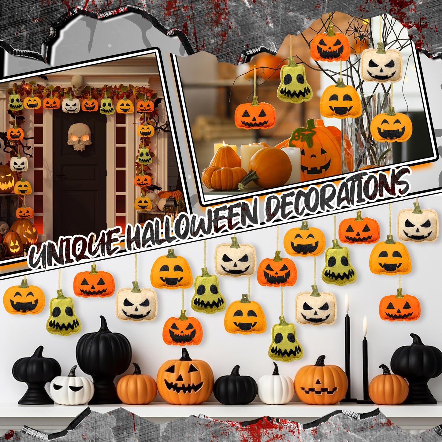 Windkream 24 Pcs Halloween Tree Ornaments Mini Pumpkin 3D Felt Hanging Decor Small Pumpkin Face Ornaments Bulk Tree Decorations for Halloween Party Supplies