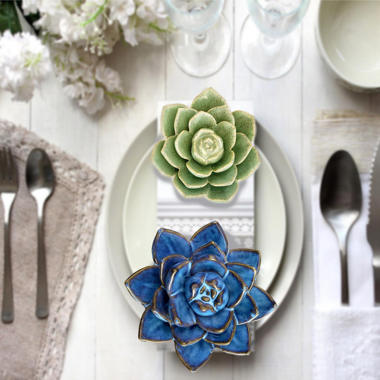 Hydrone Design Ceramic Succulent Flowers Table Top with Stable Base, 3D Handmade Tablescape Decorative (Green)