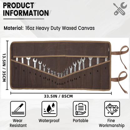 Tool Roll, Wrench Organizer Roll Up Tool Pouch with 24 Pockets | Durable Waxed Canvas 16 OZ Portable Tool Storage Carrier Bag(33.5 X 13.5 IN | Brown)