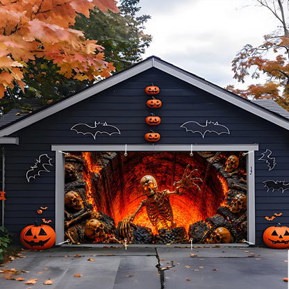 16x7 Ft Halloween Garage Door Banner Cover Decorations, Scary Skeleton Floating in Hell Fire Lava Backdrop, Large Creepy Skulls Outdoor Wall Mural Decor for Double Car Garage Door Holiday Party