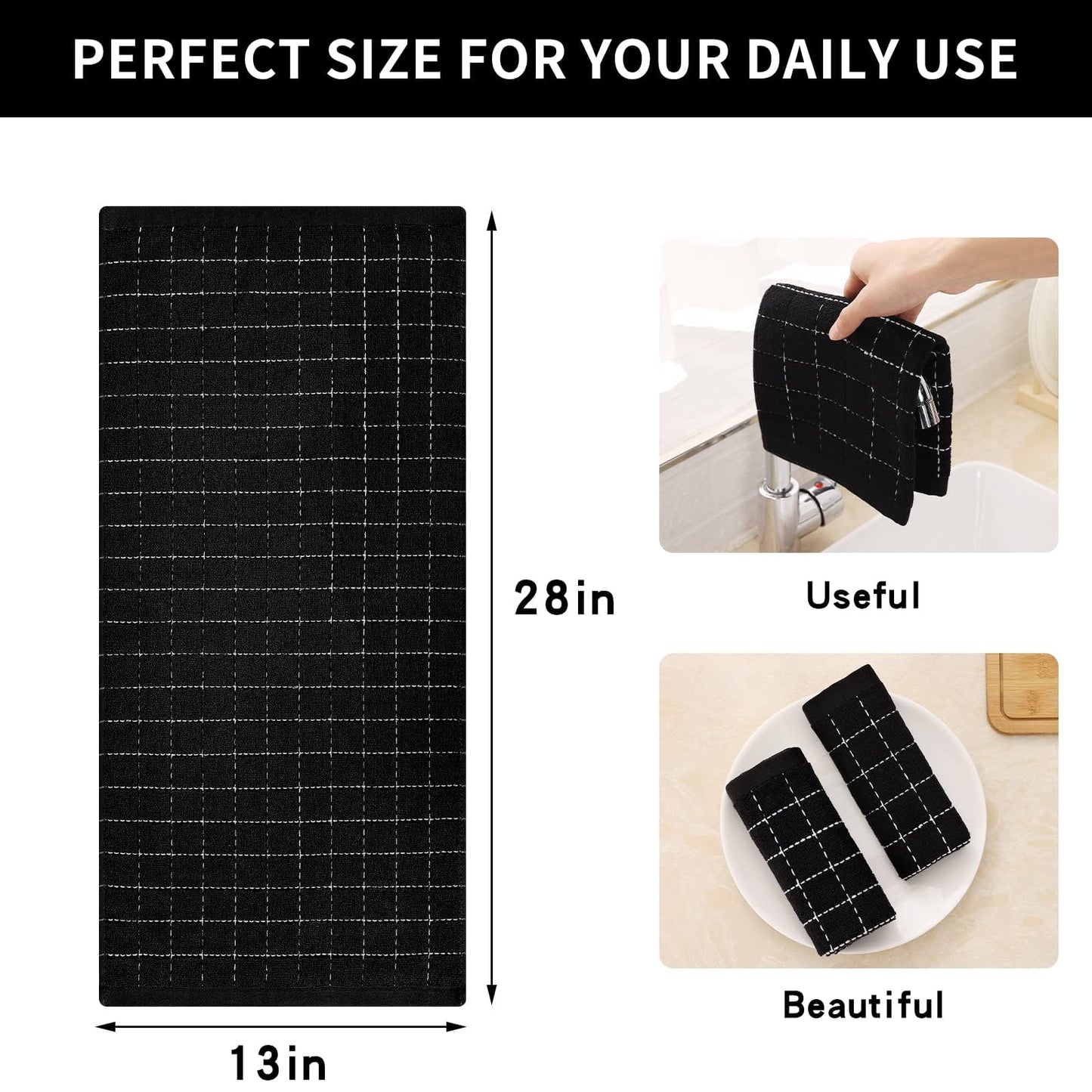 Homaxy 100% Cotton Terry Kitchen Towels(Black, 13 x 28 inches), Checkered Designed, Soft and Super Absorbent Dish Towels, 5 Pack