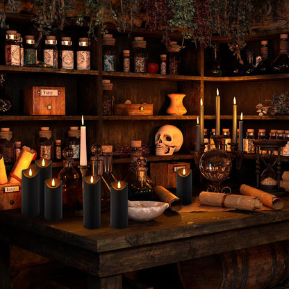 CAKETYCG 24 Pack Black Halloween Decoration Flickering Flameless Candles(D2.2 xH 5" 6" 7"), Battery Operated LED Pillar Candles with Remote Control and Timer,for Home Decor.