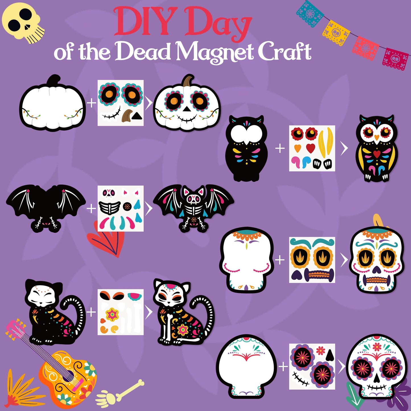Haooryx DIY Day of The Dead Magnet Craft Kit - 30 Set Make Your Own Dia de Los Muertos Sugar Skull Decoration Sticker Craft Halloween Mexican Festival Party Supply Kid Art Project Bulletin Board Decor