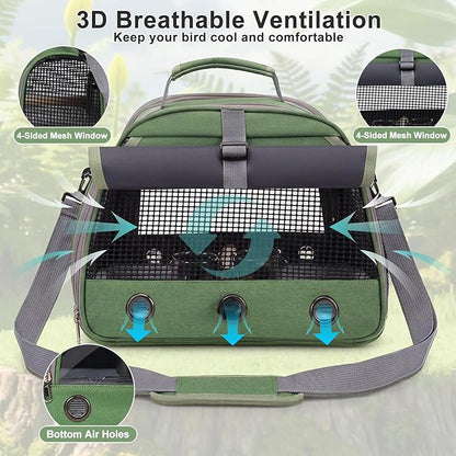 Bird Carrier, Lightweight Breathable Bird Backpack, Portable Wild Bird Carrier with Standing Perch for Parrot Travel Vet Visit (Green)