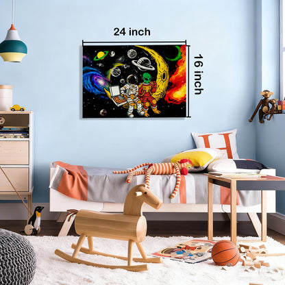 16x24 Space Astronaut Alien Pizza Party Canvas Wall Art Black Cosmic Prints Moon Planet Poster Home Framed Decor Kids Bedroom Fantasy Painting Teen Boy Room Funny Gift Picture Child Study Room Photo