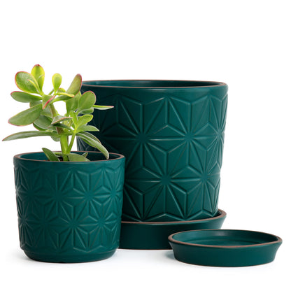 D'vine Dev Ceramic Flower Plants Pots Planter, 3.8 Inch 5.8 Inch Stoneware Planter Pot with Drainage Hole and Saucer, Set of 2, Dark Blue Green, 99-E-4