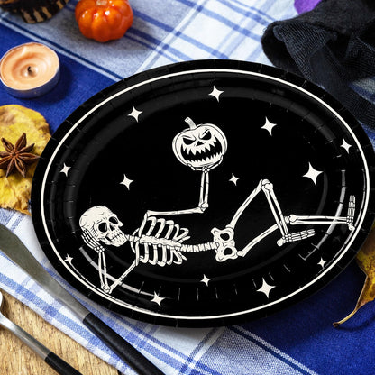 JarThenaAMCS 50Pcs Halloween Oval Paper Plates 10" x 12" Large Black White Skeleton Pumpkin Disposable Plates Spooky Platters for Halloween Holiday Party Tableware Supplies
