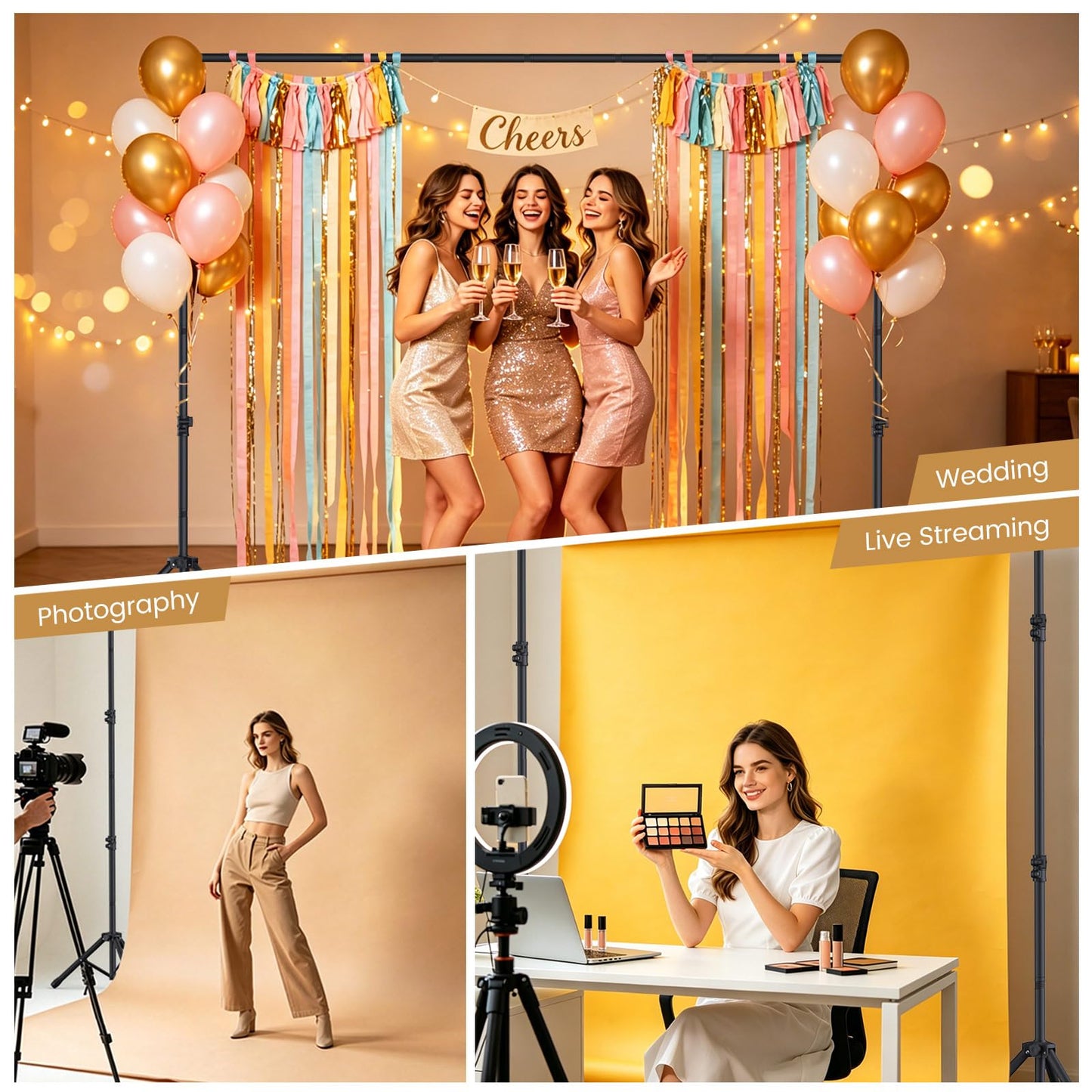 Forlogic 10x7.5Ft Backdrop Stand, Heavy Duty Adjustable Photo Back Drop Stand for Party, Photography, Banner Stand (Includes Six Background Stand Clamps)