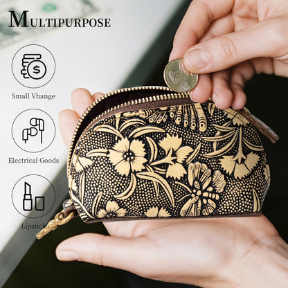 Gexmil Genuine Leather Coin Purse with Zipper, Full Grain Leather, Mini Coin Pouch for Women Men, Change Wallet,Butterfly Grey