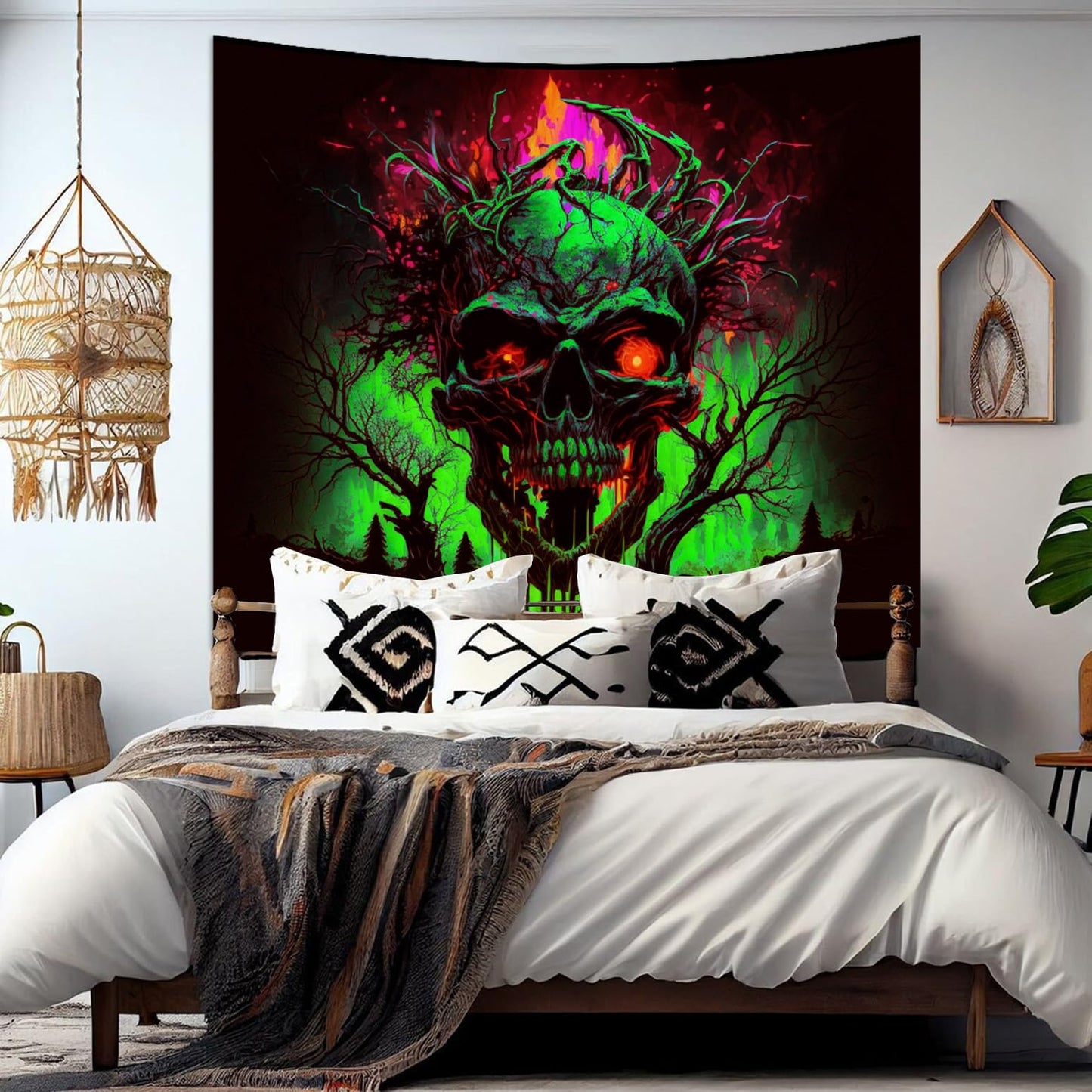 SparkLia Blacklight Fire Skull Tapestry, UV Reactive Burning Skeleton Horror Wall Hanging, Glow in the Dark Scary Dark Forest Surreal Artwork Wall Tapestries Halloween Decor for Bedroom, Living Room - 51.2" x 59.1"