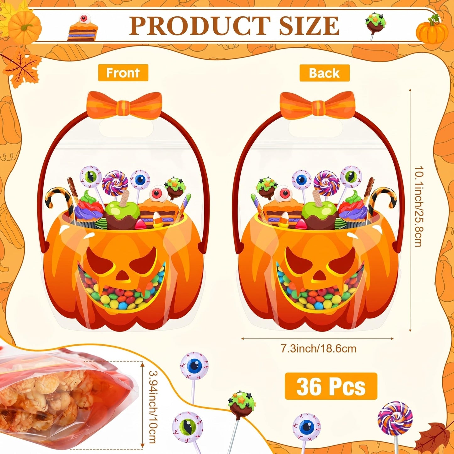 Fuutreo 36 Pcs Halloween Bags Plastic Halloween Goodie Bags with Handles Scary Holiday Sealed Pouch Sealing Pumpkin Treat Candy Pouch for Scary Holiday Party Candy Gift Supplies Decoration(Pumpkin)