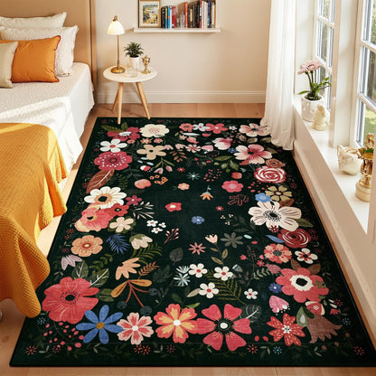 Vasofe 3x5 Rug for Bedroom,Washable Rugs for Living Room, Entryway, Indoor Floor Mat, Small Floral Mats for Nrusery, Farmhouse, Laundry Room, Playroom, Office, Non Slip Low Pile Soft Carpet, Black