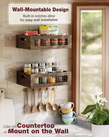 NAGAWOOD Wooden Countertop Baskets Set of 2 for Kitchen, Pantry|Wall Mount Upgrade with Full Accessories| Rustic Nesting Boxes|Wooden Organizer Crates for Vegetables, Produce, Bread