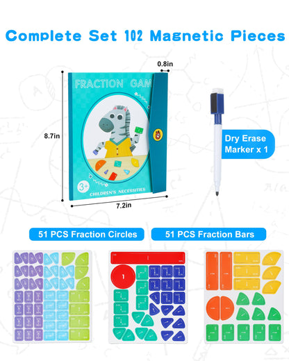 Magnetic Fraction Demonstration Book, 102 Pcs Magnetic Fraction Tiles & Circles Set for Kids, Fraction Manipulatives Montessori Math Games for Elementary School