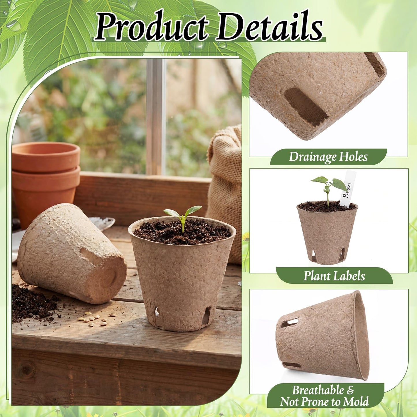 Ferrochef 240 Pcs 3.15 Inches Plant Seedling Starters Kit Peat Pots Round Plant Starter Pots with Drainage Holes Garden Germination Nursery Transplant Pot with 240 Labels and 2 Transplant Tool