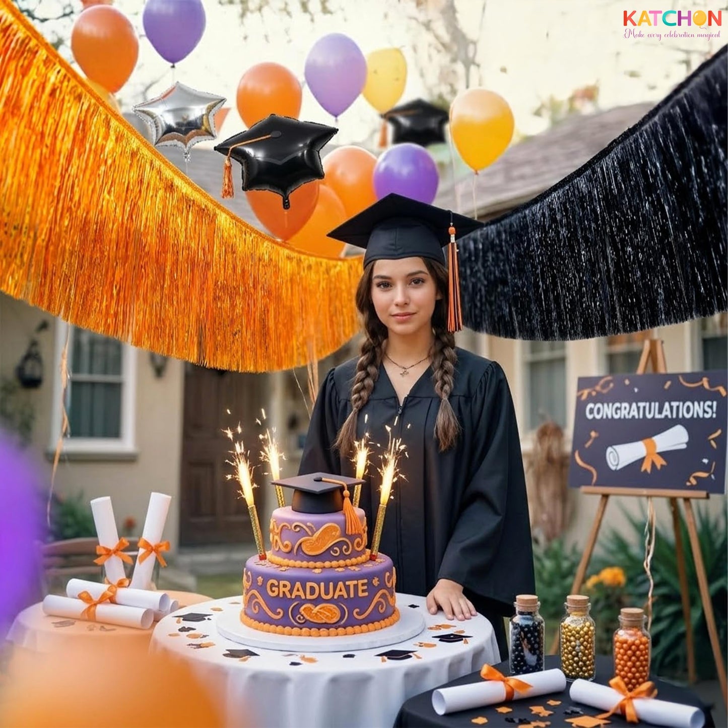 KatchOn, XtraLarge Black and Orange Fringe Banner - 6.5 Ft, Pack of 2 Fringes | Tinsel Garland for Basketball Theme Birthday Decorations | Orange Black Fringe Garland for Graduation Decorations 2026