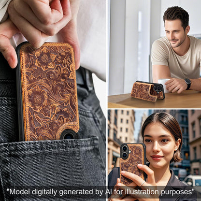 RMAWRAD Wallet Real Leather Case Compatible with iPhone 16 6.1" ，Genuine Leather，Shockproof, Anti-Fall Case, Flip Cover, with Card Slot, Double Magnetic Buckle, Kickstand, Durable Brown