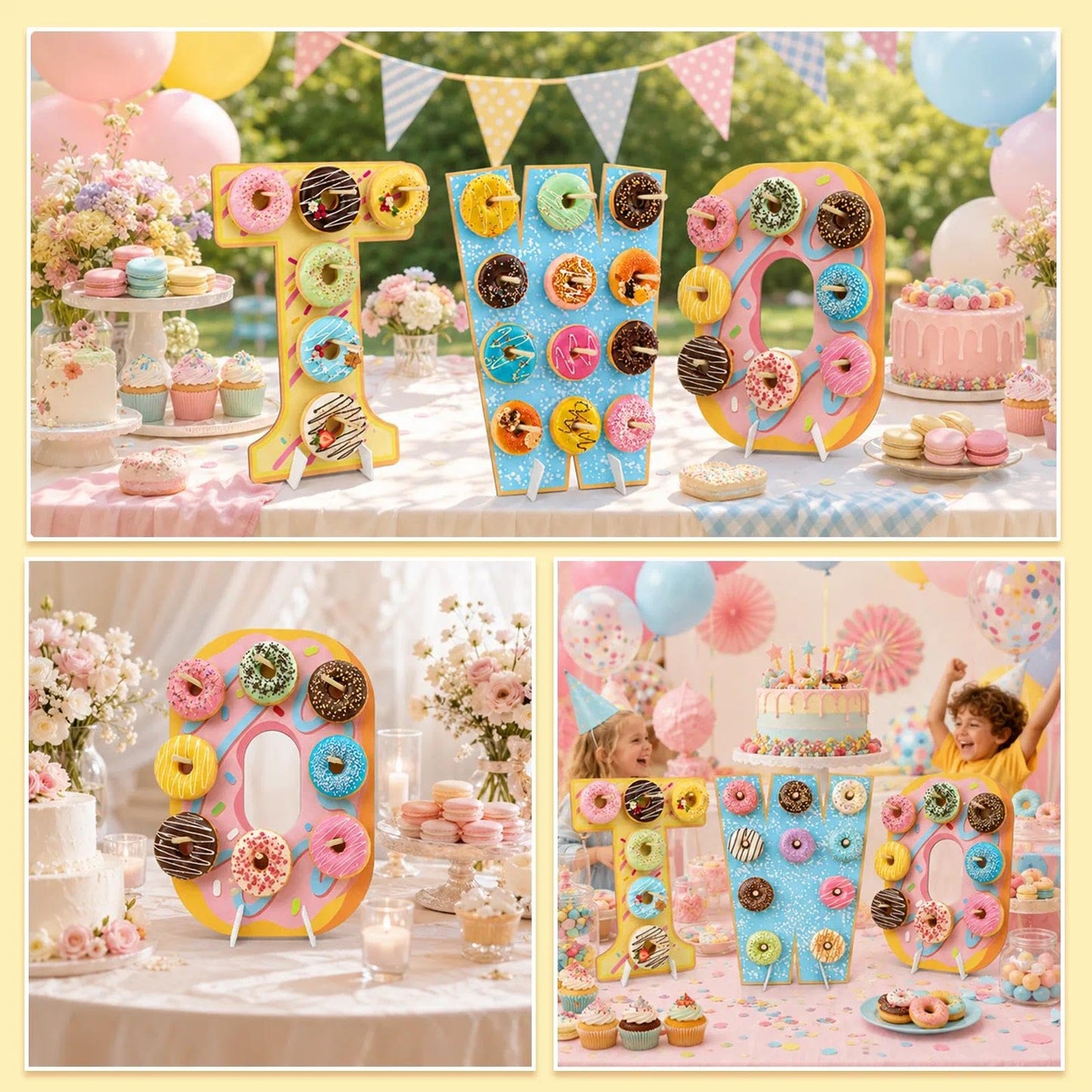 Prospura 3 Pack Donut Wall Display Stand, Two Sweet Theme Donut Board for Dessert Table,Wooden Decorative Doughnut and Bagel Holder for 2nd Anniversary Birthday Party Wedding