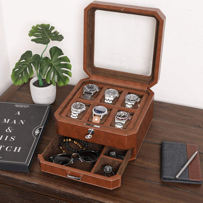 Gift Set 6 Slot Leather Watch Box with Valet Drawer - Luxury Watch Case Display Organizer, Microsuede Liner, Locking Jewelry Box, Mens Storage Boxes Holder Large Glass Top (Tan/Brown Gift Set)