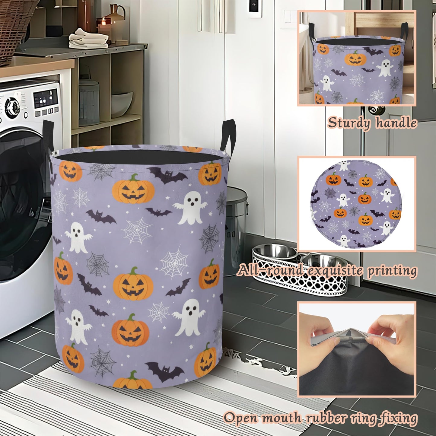 Halloween Ghosts Laundry Hamper with Handles,Pumpkins Bats Collapsible Waterproof Storage Basket for Dirty Clothes Books Round Organizer Bin for Bathroom Bedroom College Dorms 16" x 20.8"