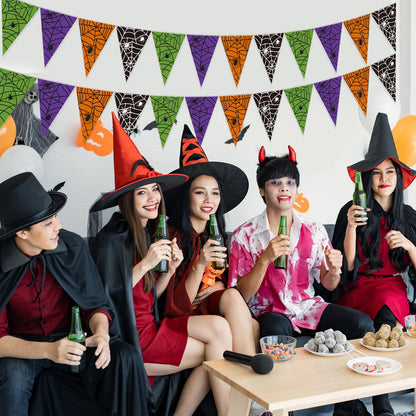 Jetec 5 Pieces 49 Feet Halloween Spider Web Pennant Banner Decorations Black Purple Orange and Green Spooky Spiderweb Triangle Flags Bunting Banners for Halloween Party Decor Indoor Outdoor Supplies