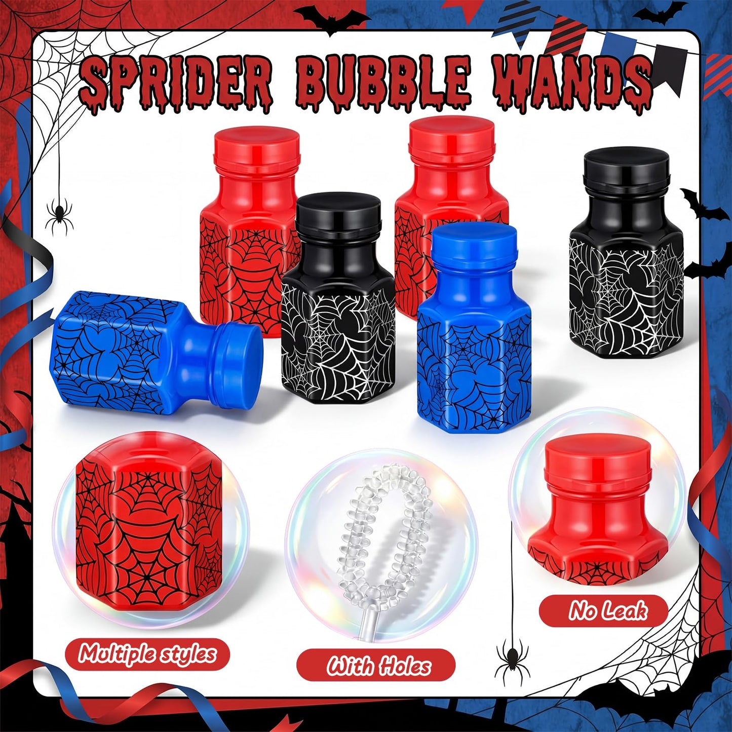 Hollowfly 48 Pcs Spider Party Favors Spider Bubble Wands Mini Bubble Bottles Birthday Party Supplies for Outdoor Activity Birthday Supplies Summer Gifts Goodie Bag Stuffers